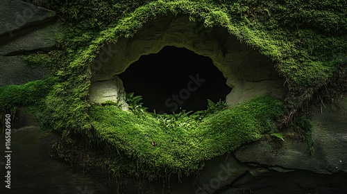 Moss-Covered Cave Entrance in a Lush Forest AI Generated