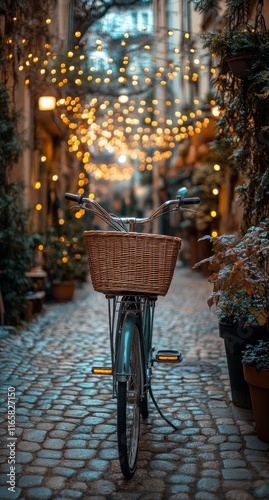 Charming bike with wicker basket in a beautifully lit alley during evening hours