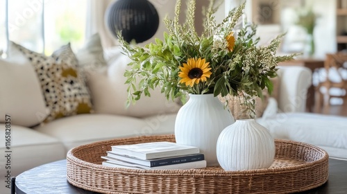 Bright and inviting living room decor with sunflowers and cozy seating arrang...