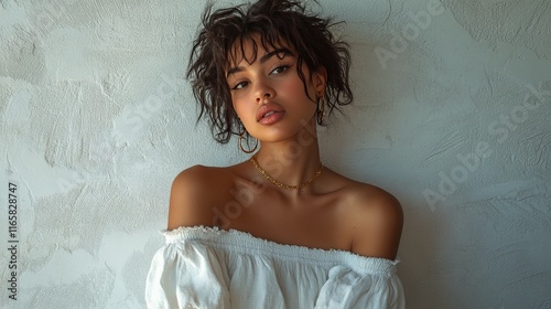 Natural light illuminates a woman with elegant jewelry in a rustic setting