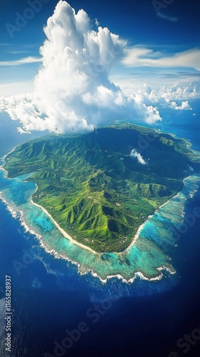 Breathtaking aerial view of a lush tropical island surrounded by crystal clea...