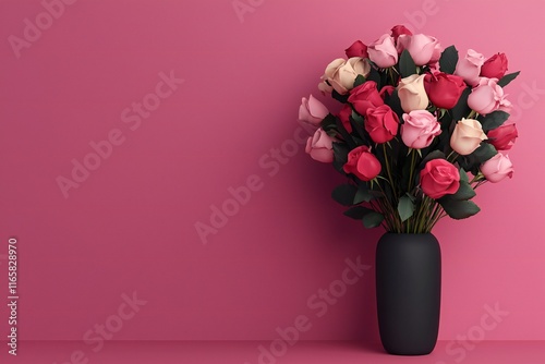 Valentine's Day Romantic Pink Red Roses Bouquet in Black Vase Valentine s Day Flowers photo