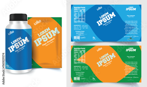 Product label design template, cosmetic packaging design, pharma packaging, jar labels, pills bottle label design set illustration
