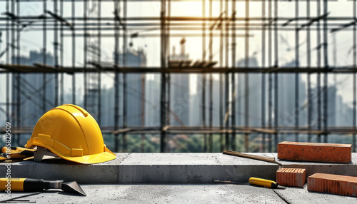 Workers Day Podium, Empty product display Construction-inspired, concrete podium, construction helmets, tools, bricks, skyline under construction, laborers in building society, ad, podium platform photo