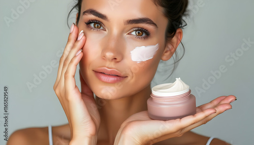 Woman Applying Face Cream, Beautiful Skin Care Routine
