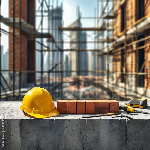 Workers Day Podium, Empty product display Construction-inspired, concrete podium, construction helmets, tools, bricks, skyline under construction, laborers in building society, ad, podium platform photo