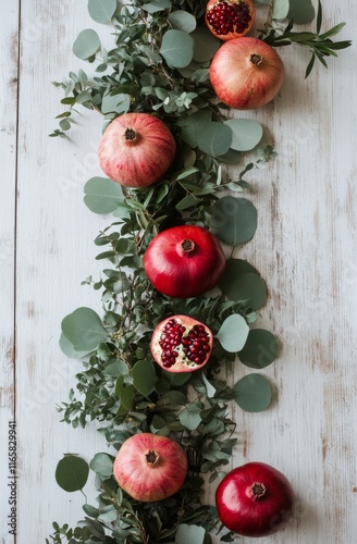 Fresh pomegranates and eucalyptus leaves arranged on a rustic wooden surface
