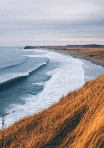 Coastal landscape with grassy cliffs and gentle waves at dusk