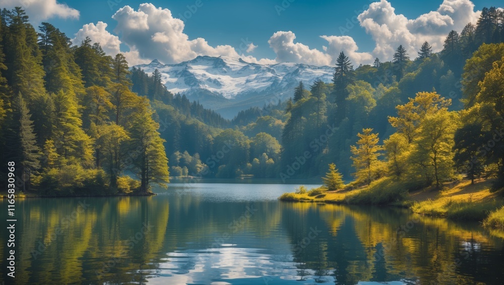 Fototapeta premium Tranquil woodland lake surrounded by lush greenery