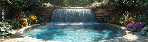 Lush Jungle Oasis: A hidden tropical waterfall cascading into a crystal-clear lagoon, surrounded by exotic, oversized plants and vibrant flowers.