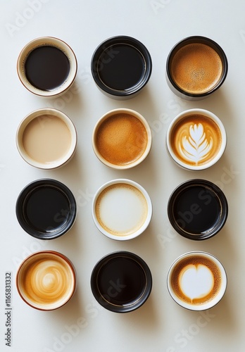 Various coffee drinks displayed in ceramic cups on a white surface