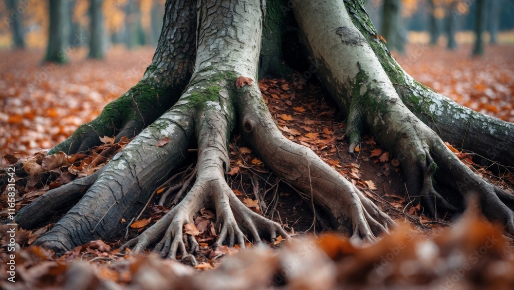 Upturned tree roots in a forest setting