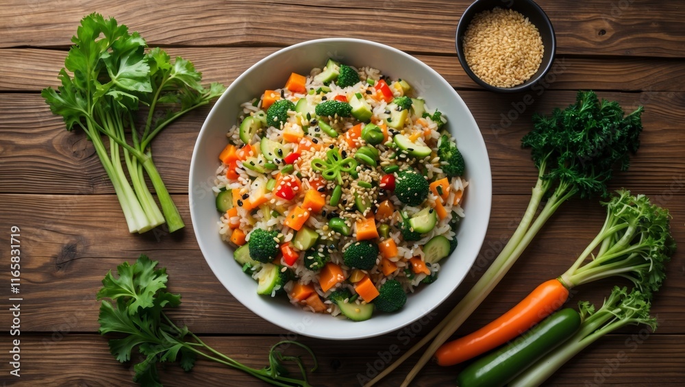 Vegetable and sesame rice salad on wooden surface Vegetable and sesame rice salad on wooden surface