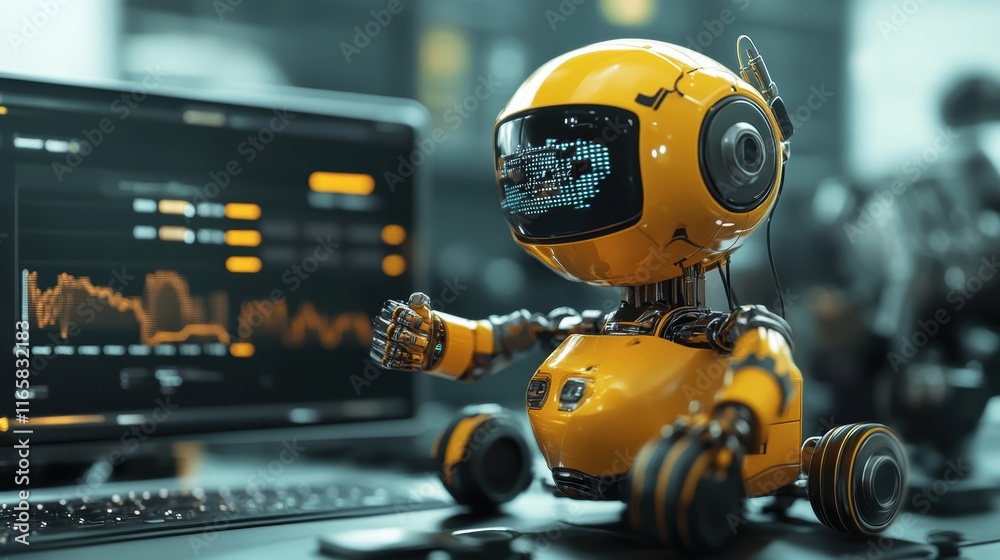A cute yellow robot sits in front of a computer screen displaying data, showcasing a blend of advanced technology and friendly design. A cute yellow robot sits in front of a computer screen displaying data, showcasing a blend of advanced technology and friendly design.