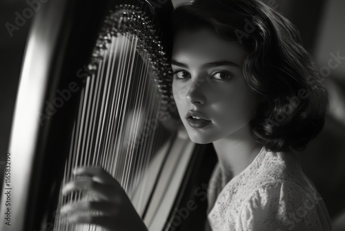 Woman playing harp with vibrant colors and intricate background