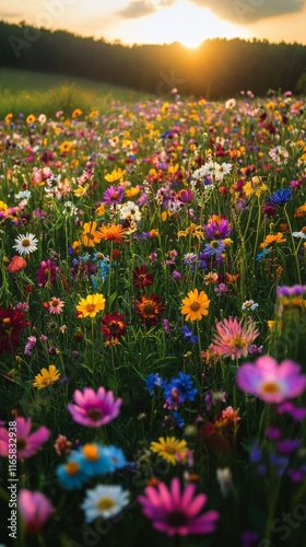 Vibrant wildflower meadow at sunset showcasing a colorful array of blooms