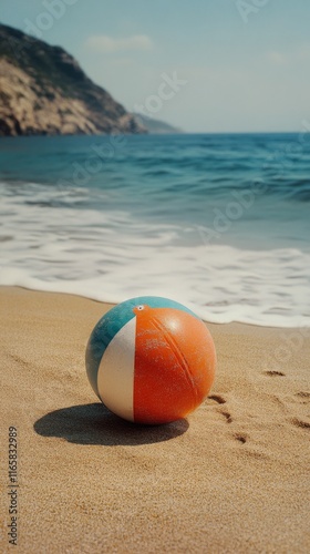 Colorful beach ball resting on sandy shoreline near ocean waves