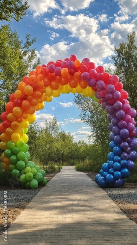 Colorful balloon arch in a park under a bright blue sky with fluffy clouds