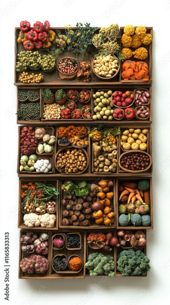 Fototapeta premium A Colorful Market Display of Fresh Produce in Wooden Boxes. An Exquisite Still Life Arrangement of Seasonal Fruits and Vegetables in Miniature Wooden Boxes. A Detailed View of the Colorful Produce.