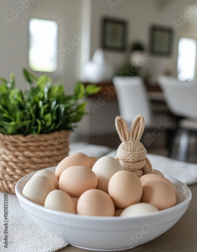 Easter decor with eggs and a bunny figure in a cozy home setting