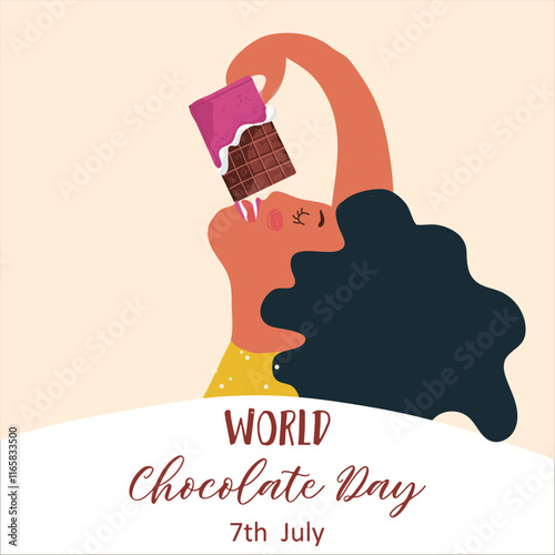 Celebrate World Chocolate Day with this banner. Character of a woman consuming chocolate with pleasure. Perfect for social media, candy store. Delicious Food.