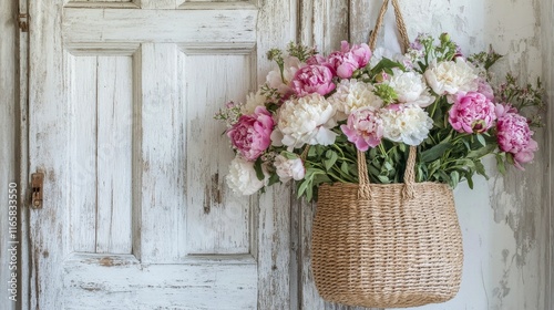 Fresh pink and white peonies arranged in a woven basket hanging by a vintage ...