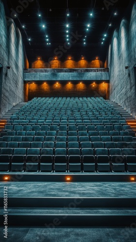 Empty theater with vibrant lighting and rows of seats in a modern cinema envi...