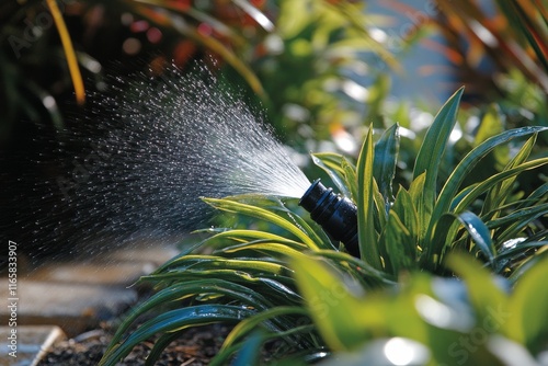 Watering plants in a lush garden with vibrant greenery and a garden hose