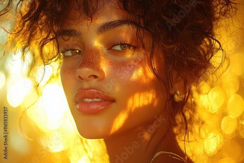 Portrait of a woman with curly hair glowing in golden light during sunset photo