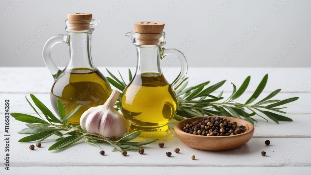 White table with olive oil and garlic display White table with olive oil and garlic display