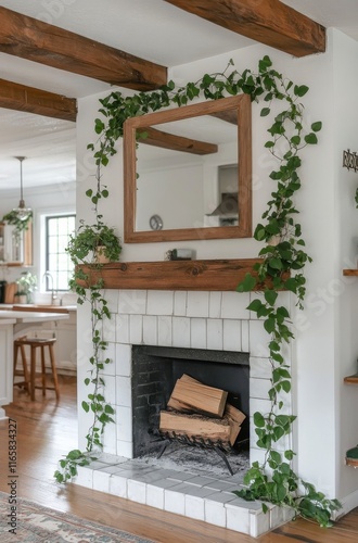 Cozy living room with a rustic fireplace and greenery in a modern home setting