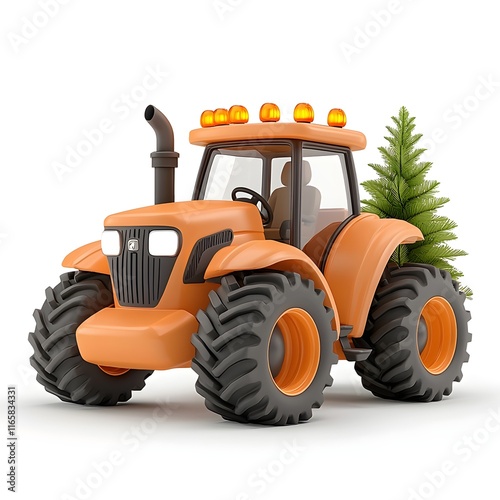 Cartoon tractor is pulling a Christmas tree
