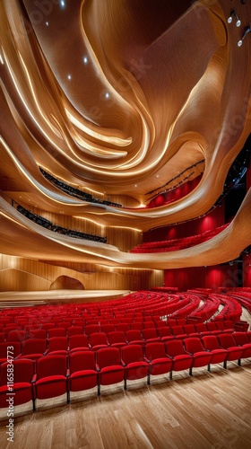 Interior design of a modern concert hall with unique architectural elements