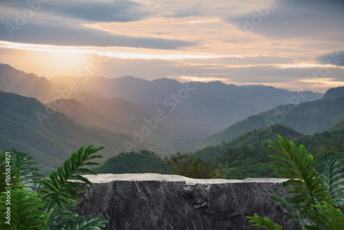 Stone granite table top podium outdoors with mountains sky at sunrise nature landscape background.rock placement pedestal present stand display tropical green forest concept. © 52Ps.Studio