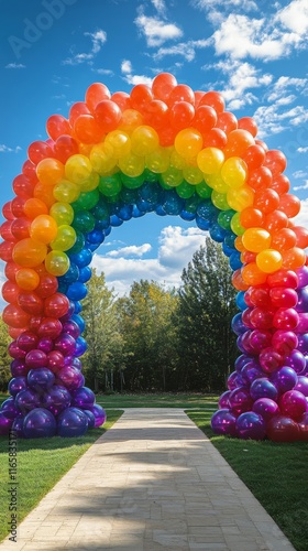 Colorful balloon arch in a park under a bright blue sky with fluffy clouds
