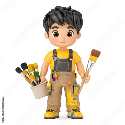 Young boy in a yellow shirt and overalls holding a paintbrush photo