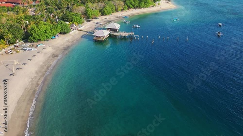 Senggigi beach aerial landscape by drone in Lombok, Indonesia. Popular beach area in Lombok, Indonesia