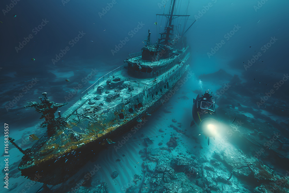 Sunken Shipwreck Exploration in Deep Underwater Environment Sunken Shipwreck Exploration in Deep Underwater Environment