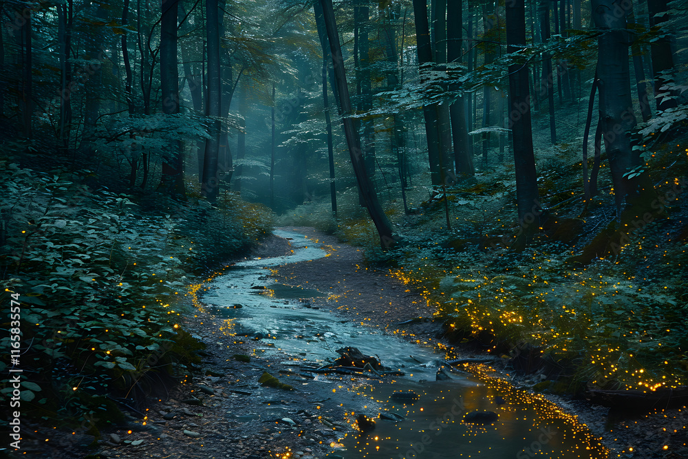 Fototapeta premium Enchanted Forest Stream in Twilight With Glowing Lights