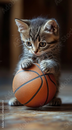 Cute kitten holding a basketball in a cozy indoor setting during daylight