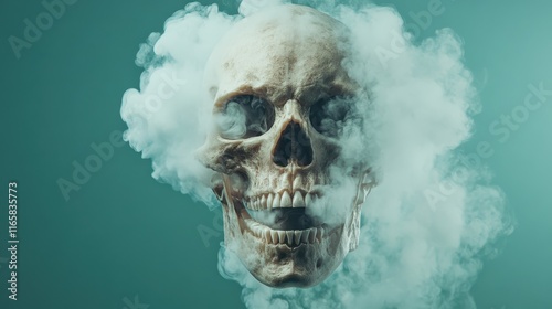 A skull enveloped in swirling smoke creates a mysterious and dramatic atmosphere, exploring themes of mortality and the unknown in a striking visual. photo