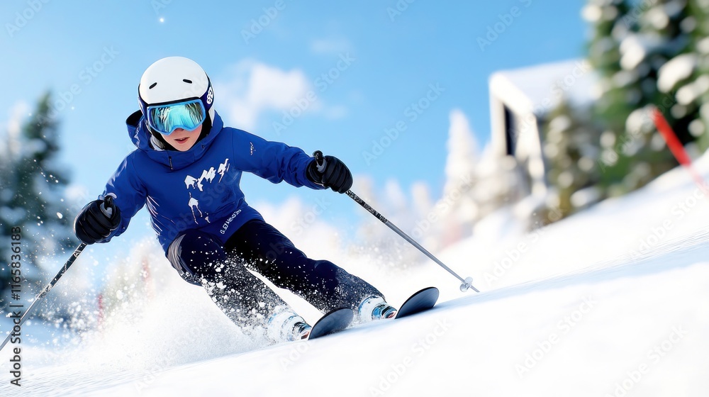 A child skiing down a snowy slope on a sunny day. A child skiing down a snowy slope on a sunny day.