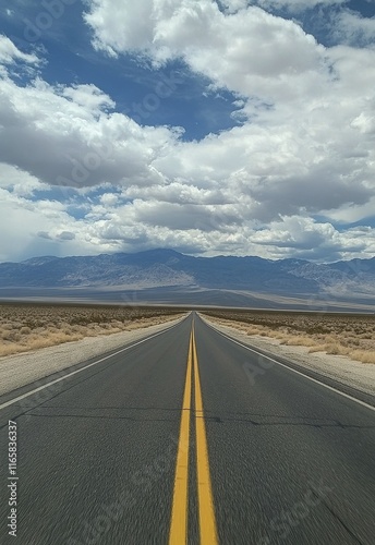 Long stretch of deserted road under a dramatic sky with scattered clouds in t...