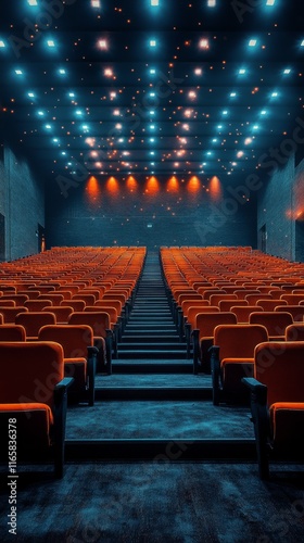 Empty theater with vibrant lighting and rows of seats in a modern cinema envi...