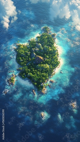 Breathtaking aerial view of a lush tropical island surrounded by crystal clea...