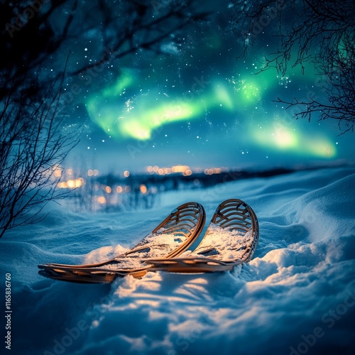 Snowshoes rest on the snow with the northern lights illuminating the night sky over a serene winter landscape