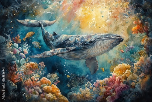 Majestic whale swimming through vibrant coral reef in an underwater paradise