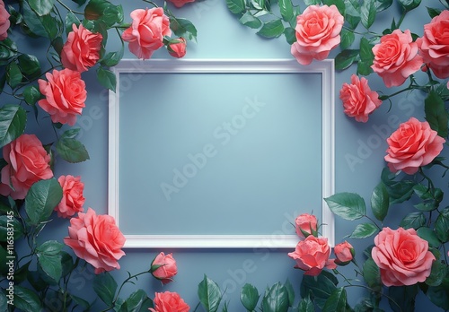 Elegant floral frame adorned with pink roses and green leaves on a blue backg...