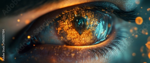 Hacker's gaze and a backdrop of digital data, showcasing a network information pattern for a cybersecurity theme. The concept encompasses AI, technology, future, espionage, coding, hacking, fraud,