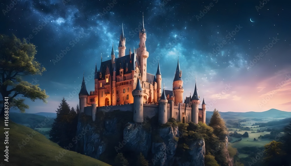 Fototapeta premium Enchanted Castle on a Clifftop under a Starlit Sky